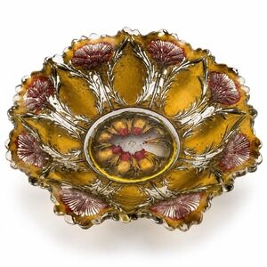 Antique Goofus Glass La Belle Carnation Bowl Gold Red 6.5" Sawtooth c.1910